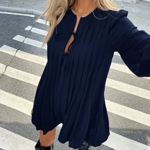 Navy Blue Casual Women's Pleated long sleeved mini Dress - Picture 3 of 6